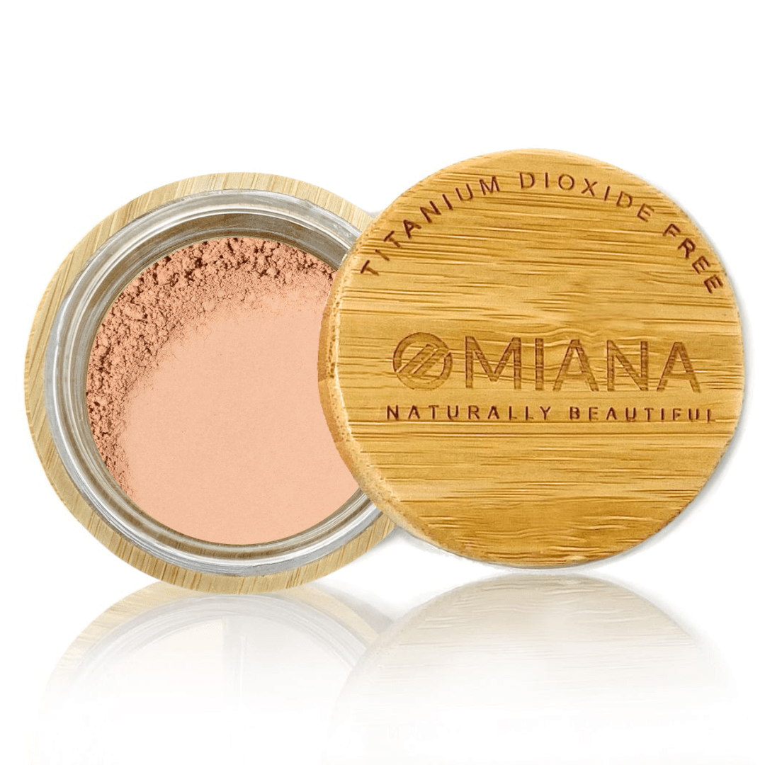 Omiana Nice Loose Powder Mineral Foundation - Without Mica, Titanium Dioxide, & More! - swatch on white background