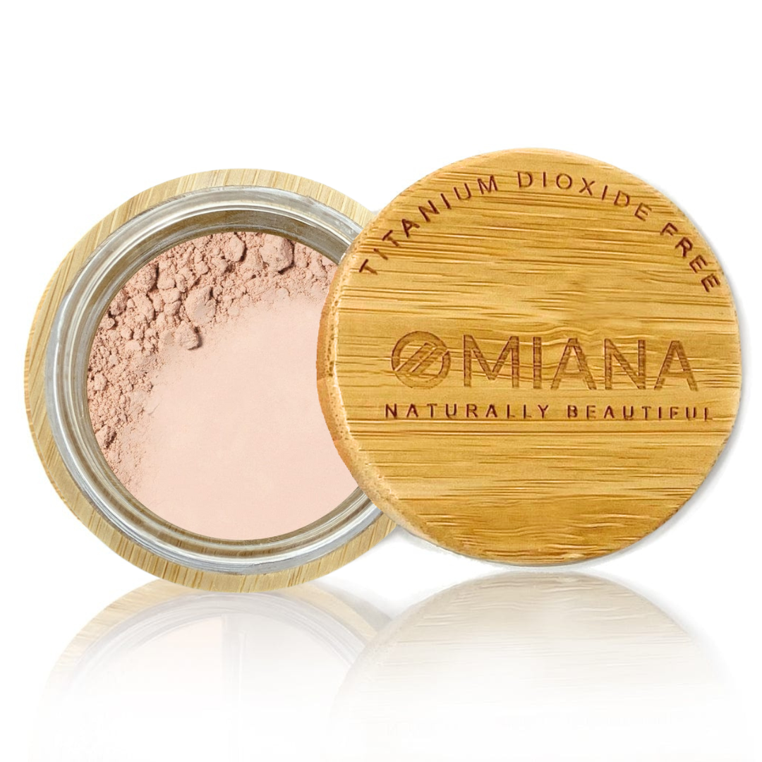 Omiana Feisty Loose Powder Mineral Foundation - Without Mica, Titanium Dioxide, & More! - swatch on white background