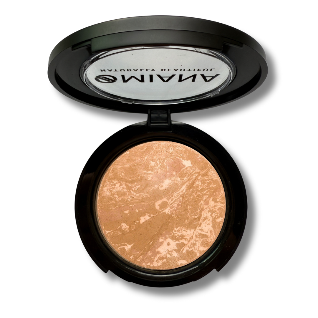 Open Mineral Makeup compact with beige baked cream powder and visible Omiana brand name on a white background