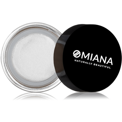 Mineral Makeup Clean Beauty Highlighter jar with lid open with pearl colored contents by Omiana