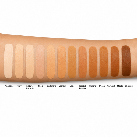 Omiana Intense Coverage Liquid Foundation shade chart with arm swatches from Alabaster to Chestnut for fair, medium, tan, and deep skin tones.
